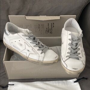 Golden Goose White and Silver Distressed Sneakers